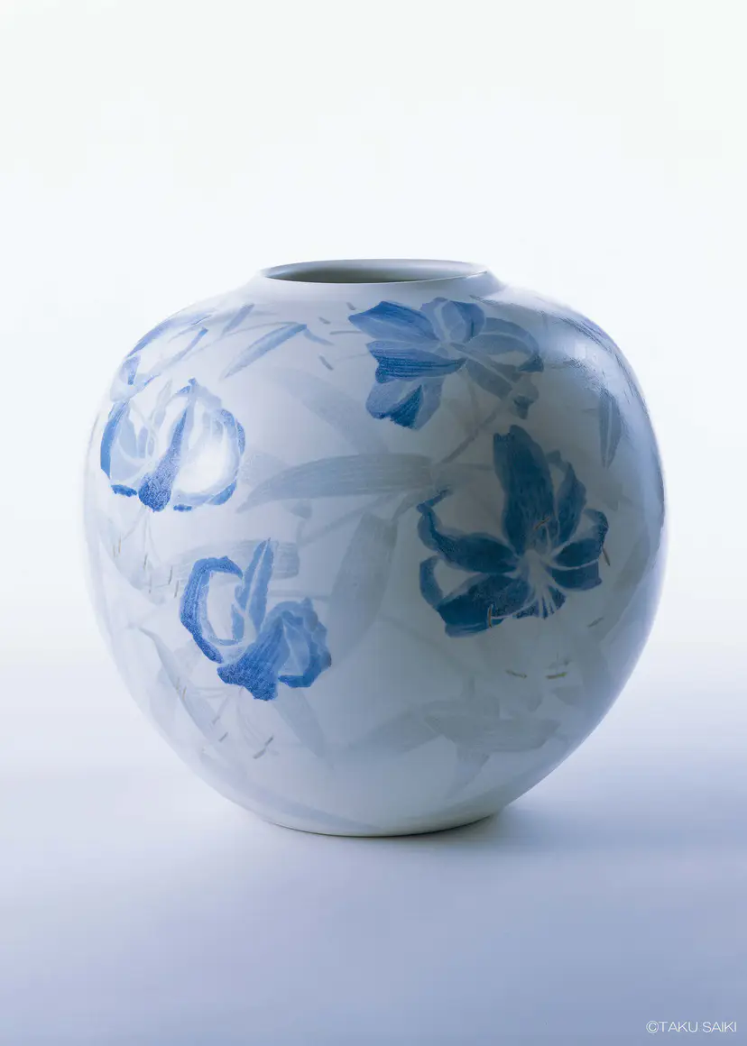 呉須絵　岡山造　染付 壺 花文様 陶器 飾り壺 m_2x_98868_88cf11d8c3fbdb3d5f0