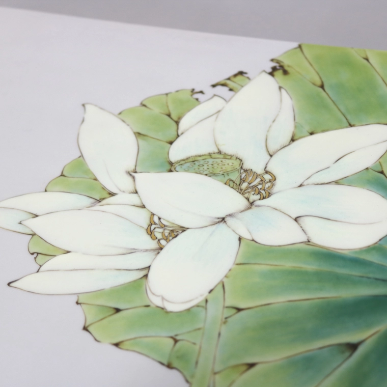 photo Footed Square Plate with White Lotus Design