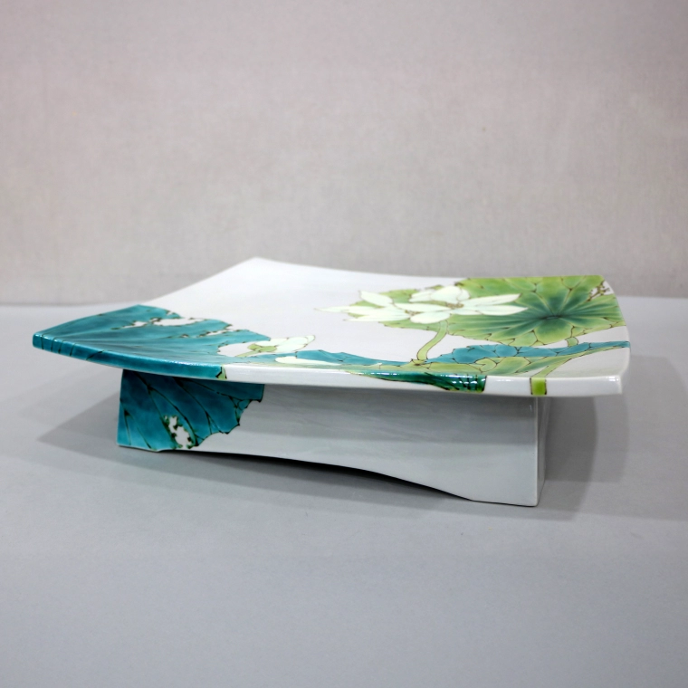photo Footed Square Plate with White Lotus Design
