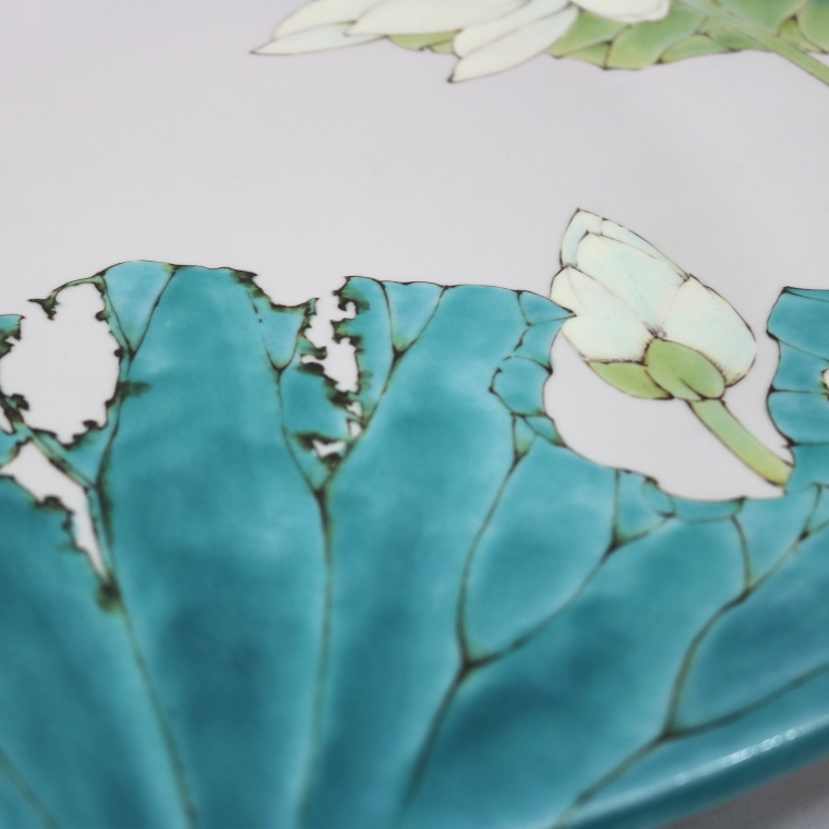 photo Footed Square Plate with White Lotus Design