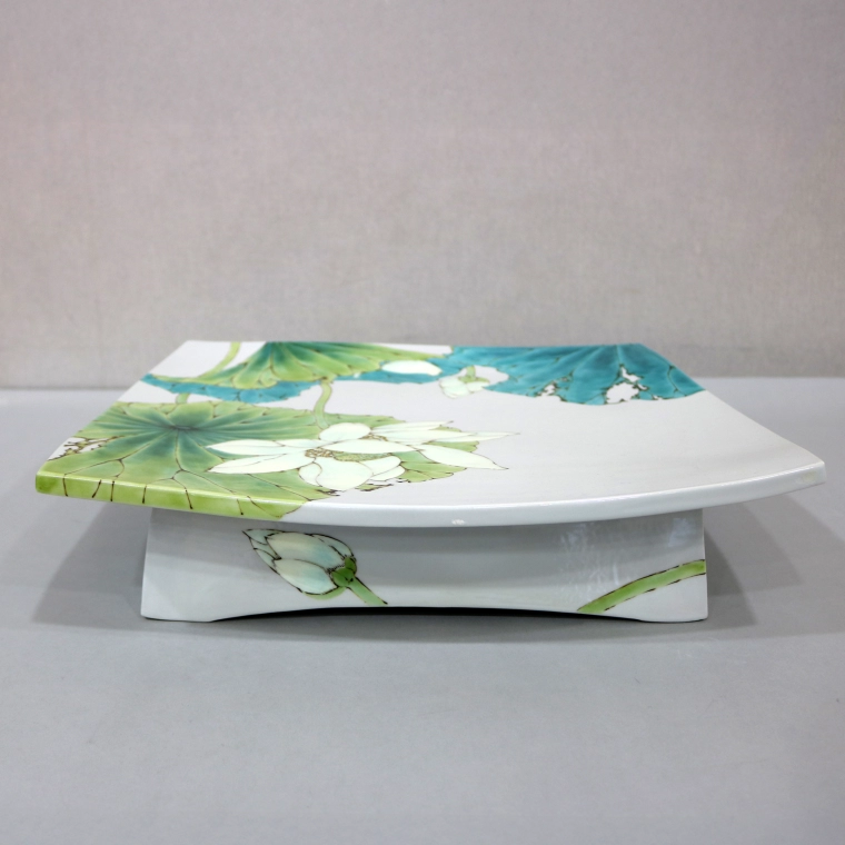 photo Footed Square Plate with White Lotus Design