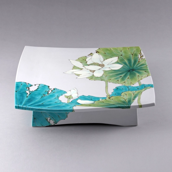 Footed Square Plate with White Lotus Design