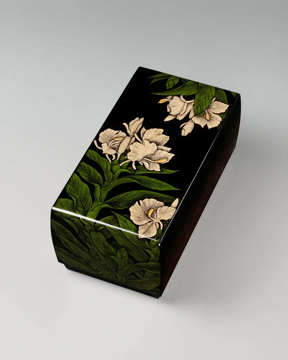 美品 華道具 山口作介造 木製黒艷消塗 嵌貝 六角寄三重花器 三本組