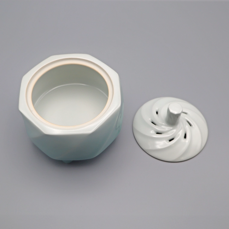 photo Octagonal White Porcelain Incense Burner with Pale Blue Glaze