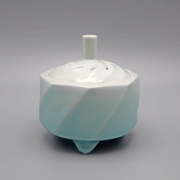 Octagonal White Porcelain Incense Burner with Pale Blue Glaze
