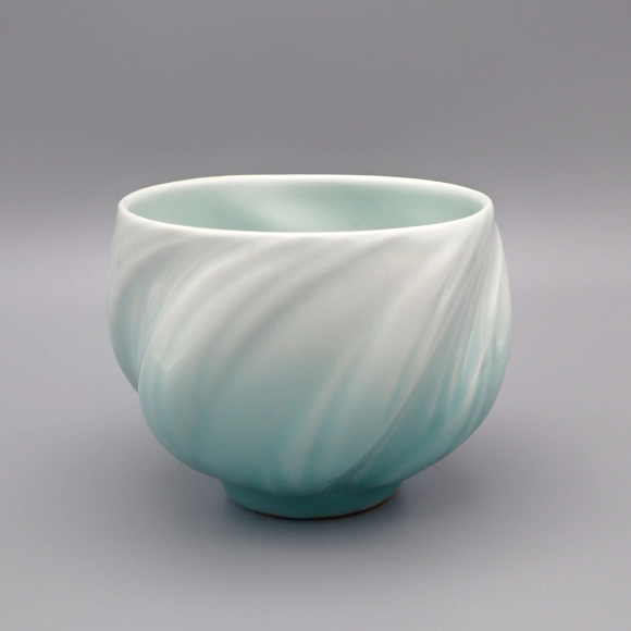 White Porcelain Tea Bowl with Pale Blue Glaze "The Swell"