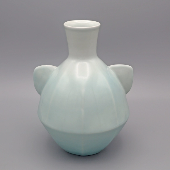 White Porcelain Flower Vase with Handles and Pale Blue Glaze
