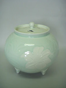 White Porcelain Incense Burner with Pale Blue Glaze and Engraved Casablanca Design