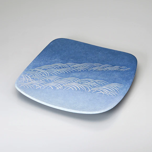 Square Plate with Raised Line Japanese Silver Grass Design in Colored Slip