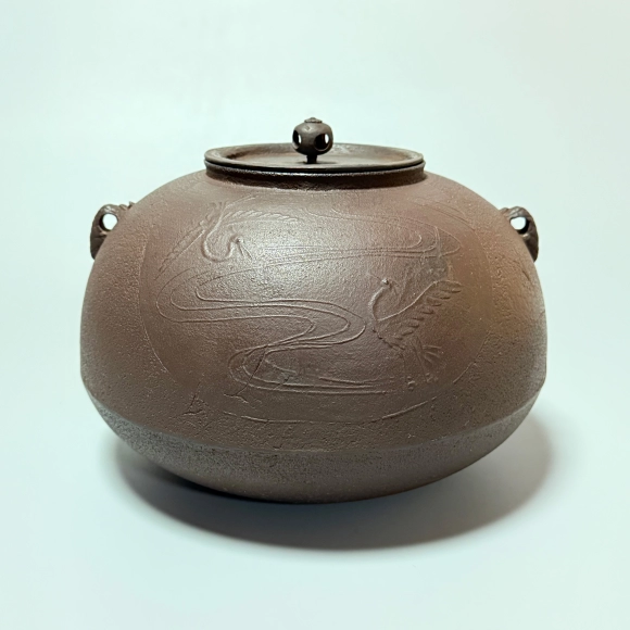Tea Ceremony Kettle with Heron and Stream Design