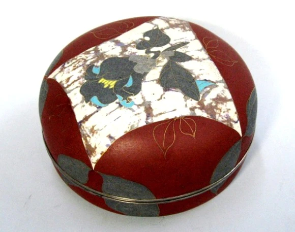 Opaque  Cloisonné Persimmon Tannin Colored  Lidded Container "Black Camellia"