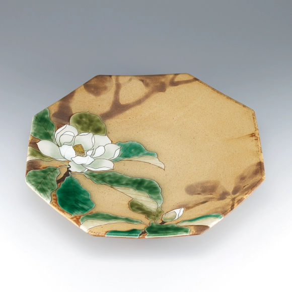 Large octagonal bowl with underglaze painting and kakewake style glaze. “Japanese whitebark magnolia”