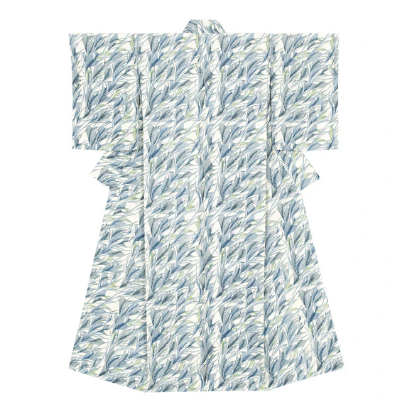 Kimono with design in stencil resist picture dyeing. “Summer breeze”