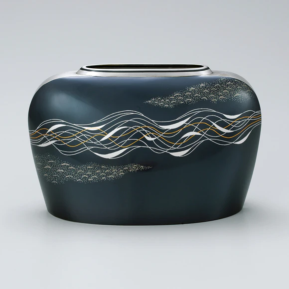 Flower vessel of shakudō and silver made in in heat welding method with design in inlay.