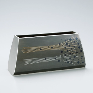 Flower vessel of heat-welded shibuichi and silver with inlay decoration. “Brilliance”