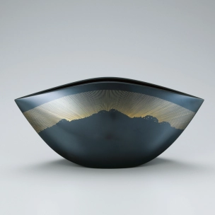 Flower vessel of cast black bronze with design in inlay. “Blue of this sky”