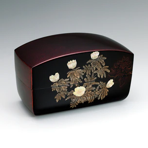 茶道具　蒔絵師　景雲作　青漆刷毛目塗　螺鈿装飾　双鶴蒔絵　雪吹　共箱　V6437 N727 棗 『輪島塗』『平野涛山作』『螺鈿』『椿蒔絵』『中棗