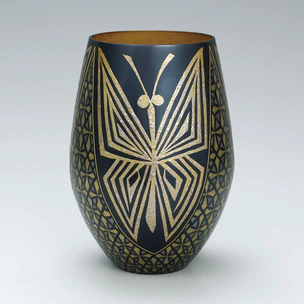 Flower Vessel of Shakudō with Butterfly Design in Damascene Inlay