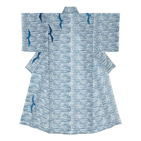 Kimono with design in nagaita-chūgata method. “Hunter of spring”