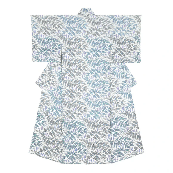 Kimono with design in stencil resist picture dyeing. “Hill of tufted vetches”