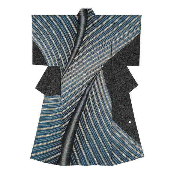 Formal kimono with design in yūzen dyeing. “Inclined path”
