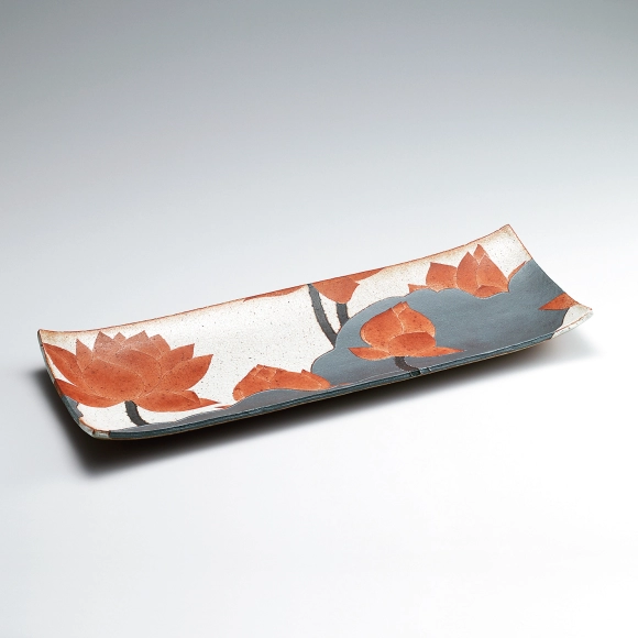 Rectangular dish with lotus design.
