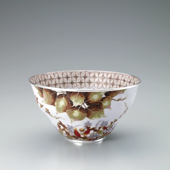 Cloisonne bowl with flowering plant design. “Wild grass flourish”