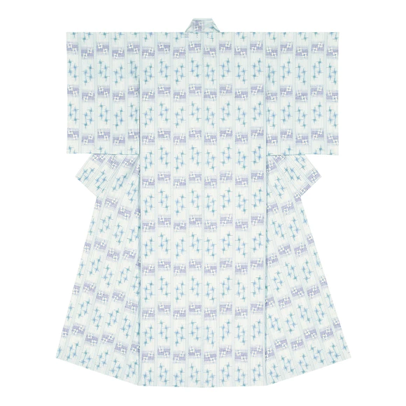 Kimono of tsumugi with kasuri. “Flower raft”