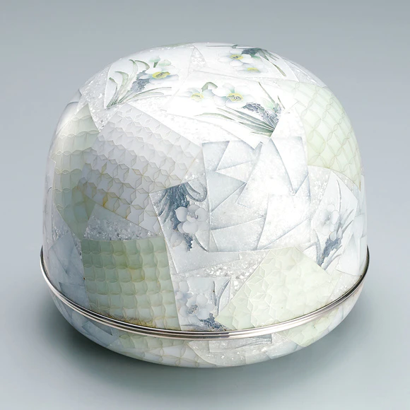 Cloisonne covered vessel. “First snow of the season”