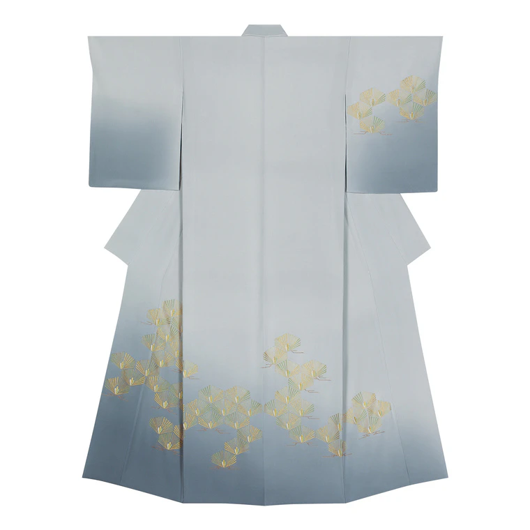 photo Formal kimono with design in gold leaf imprint and embroidery on the shoulders and bottom. “Young pine trees”