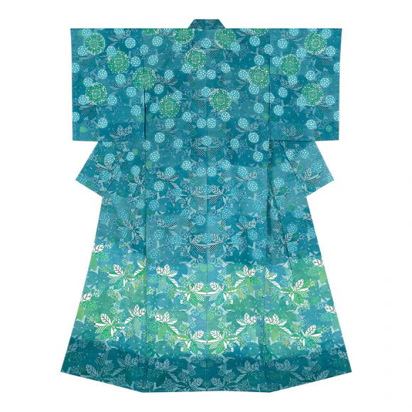 Kimono with design in stencil resist picture dyeing. “Fireworks in winter”