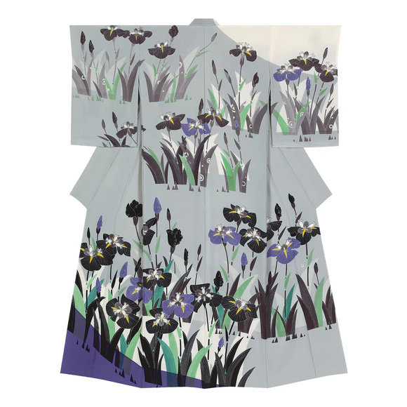Formal kimono with design in yūzen dyeing. “Irises”