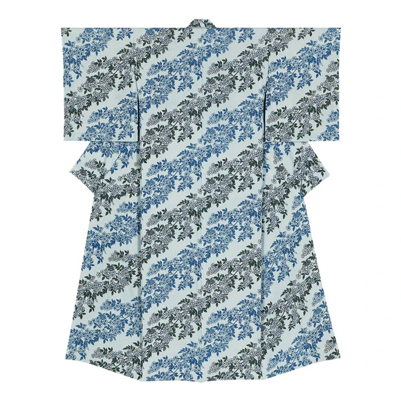 Kimono with design in indigo stencil resist dyeing. “Wind, fragrance rises”
