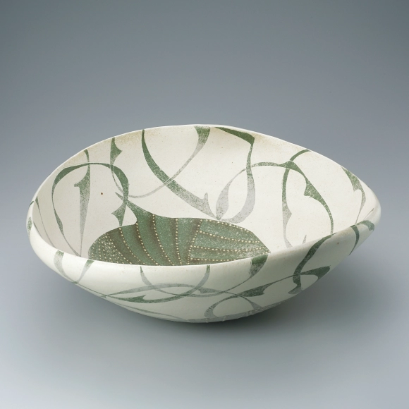 Bowl with lotus and circle design in colored slip and kaminuki.