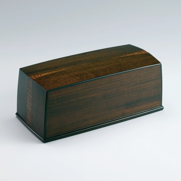 Hexagonal box of Chinese ash wood finished in wiped urushi