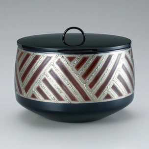 Bowl with Cover Made by Heat Welding Method with Diagonal Line Design in Inlay