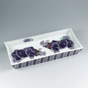 Rectangular bowl. “Picture of rhinoceros, the sacred animal”