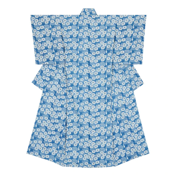 Kimono with design in indigo stencil resist dyeing. “Lotus pond in clear and bright air”