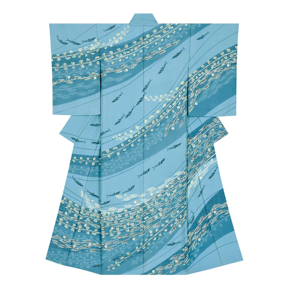Formal kimono with design in yuzen dyeing. “Swim”