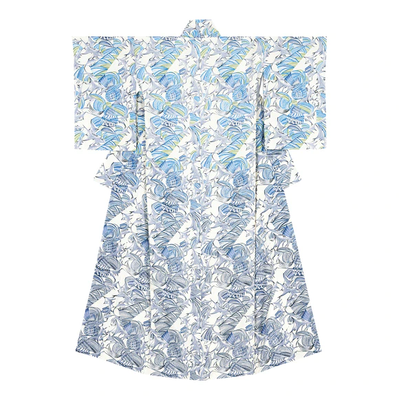 Kimono with design in stencil resist picture dyeing. “Thistle”