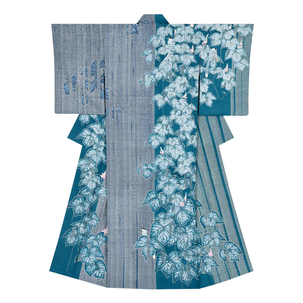 y*i様 作家物　正絹　グリーン、ブルー　縦縞　薔薇と鳥の刺繍　新品未使用 m_2x_A201_20241030.jpg.webp