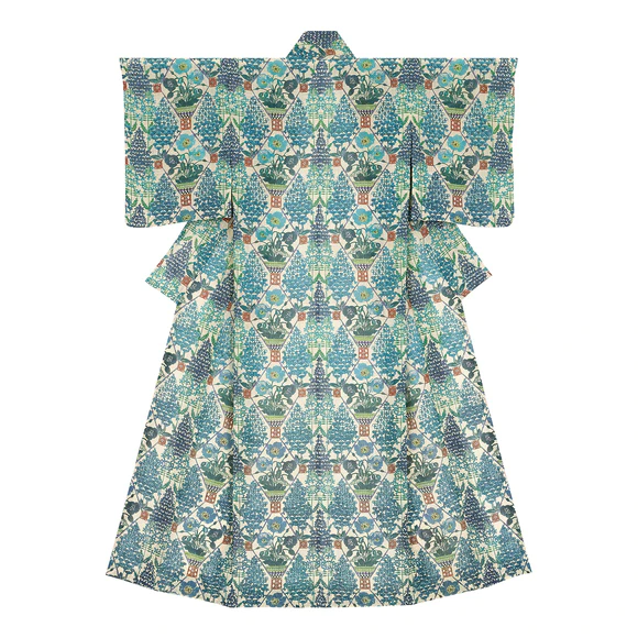 Kimono with design in stencil resist picture dyeing. “Country where blue poppies bloom”