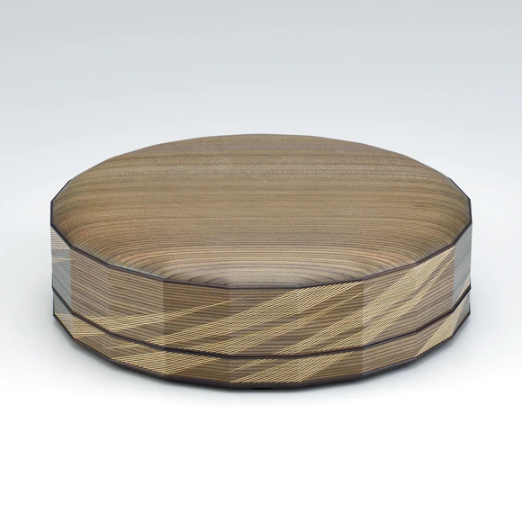 Covered food box of jindai cedar wood made by lathing and bending work with wood inlay decoration