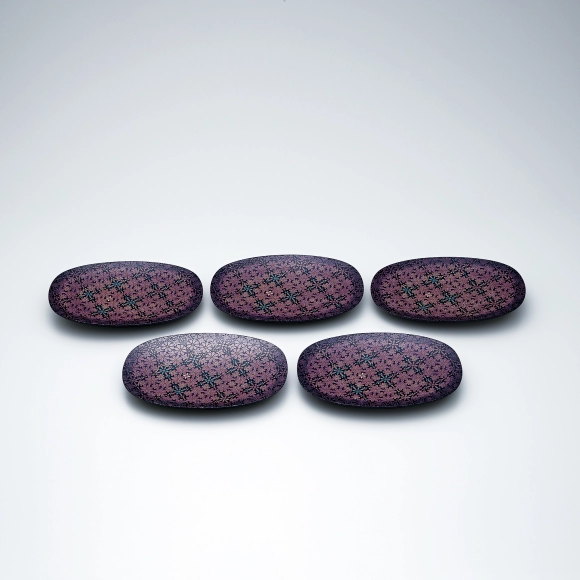 Set of Oval Trays with Flower Design in Irokiriurushi