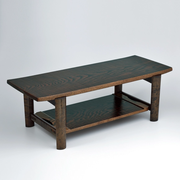 “Afuchinotana” Two-tiered shelf of chinaberry wood and maple wood with lightly ridged surface finished in wiped urushi