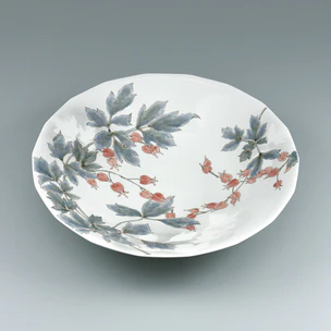 Large dish with Asian bleeding heart design in overglaze enamel