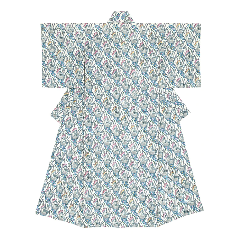 photo Kimono with design in stencil-resist picture dyeing. “Brilliant freesia”