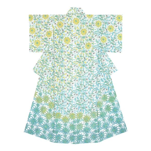 Kimono with design in stencil resist picture dyeing. “Beginning of spring”
