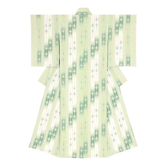 Kimono of tsumugi with kasuri. “Shining leaves of early summer tree”