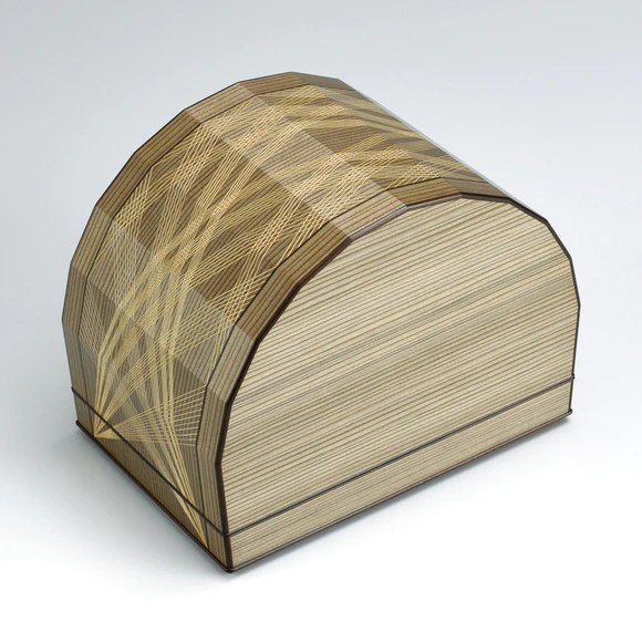 Coffer of jindai cedar wood made by lathing and bending work with wood inlay decoration.
